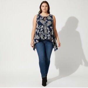Women Plus SJS Navy Paisley Print Sleeveless Tie Neck Top Size 1X